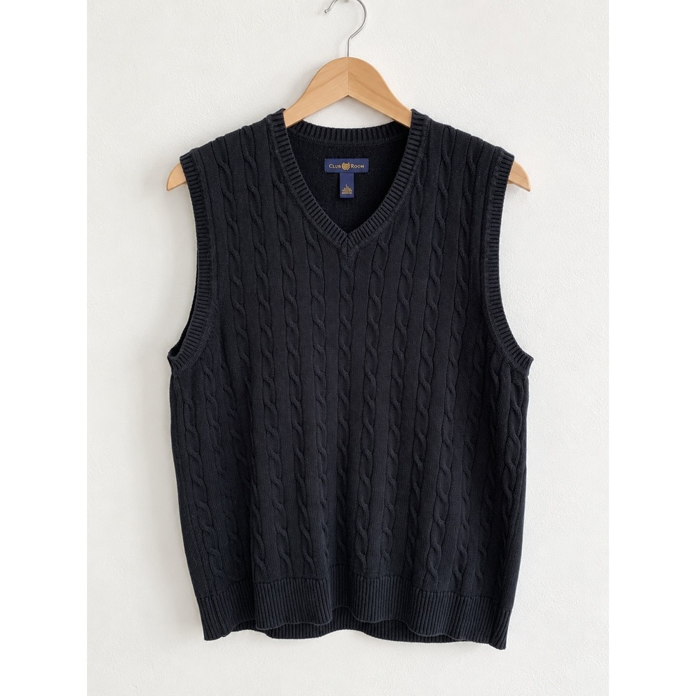 Club Room Mens Black Cable Knit V-Neck Cotton Sweater Vest L Preppy Ivy League